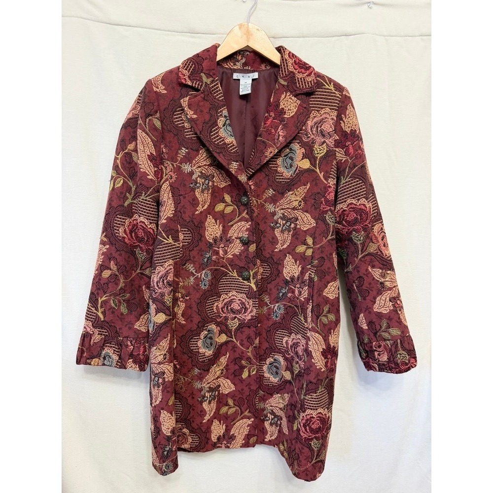 Cabi Mulberry Floral Tapestry Duster Topper Coat Women 14 Burgundy | Vintage Y2K
